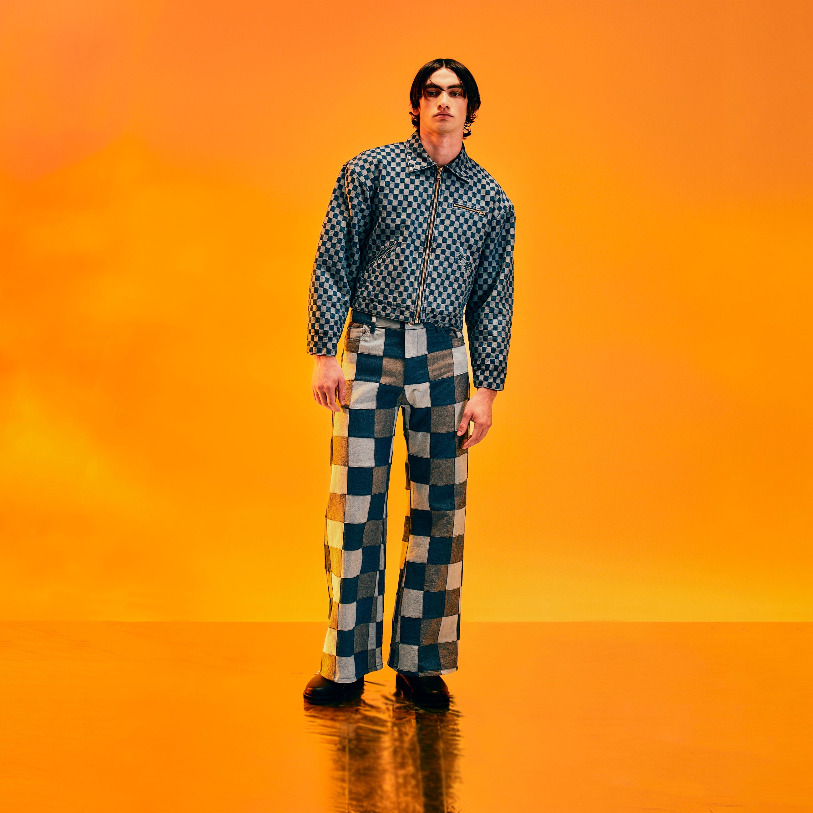 CHECKERED DENIM MECHANIC JACKET