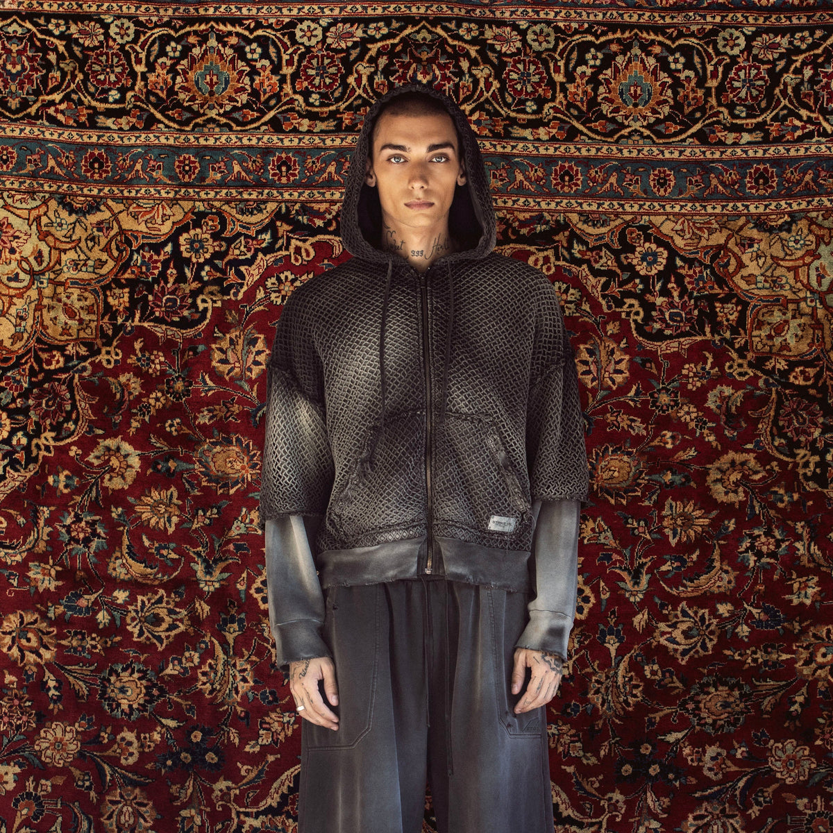 DOUBLE SLEEVE NET ZIP HOODIE IN BLACK