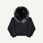 THRASHED SWEATSHIRT WITH LAMB FUR TRIM IN BLACK