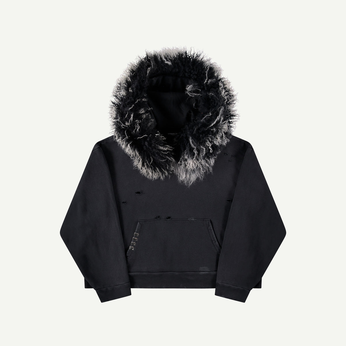 THRASHED SWEATSHIRT WITH LAMB FUR TRIM IN BLACK