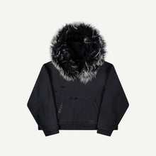 THRASHED SWEATSHIRT WITH LAMB FUR TRIM IN BLACK