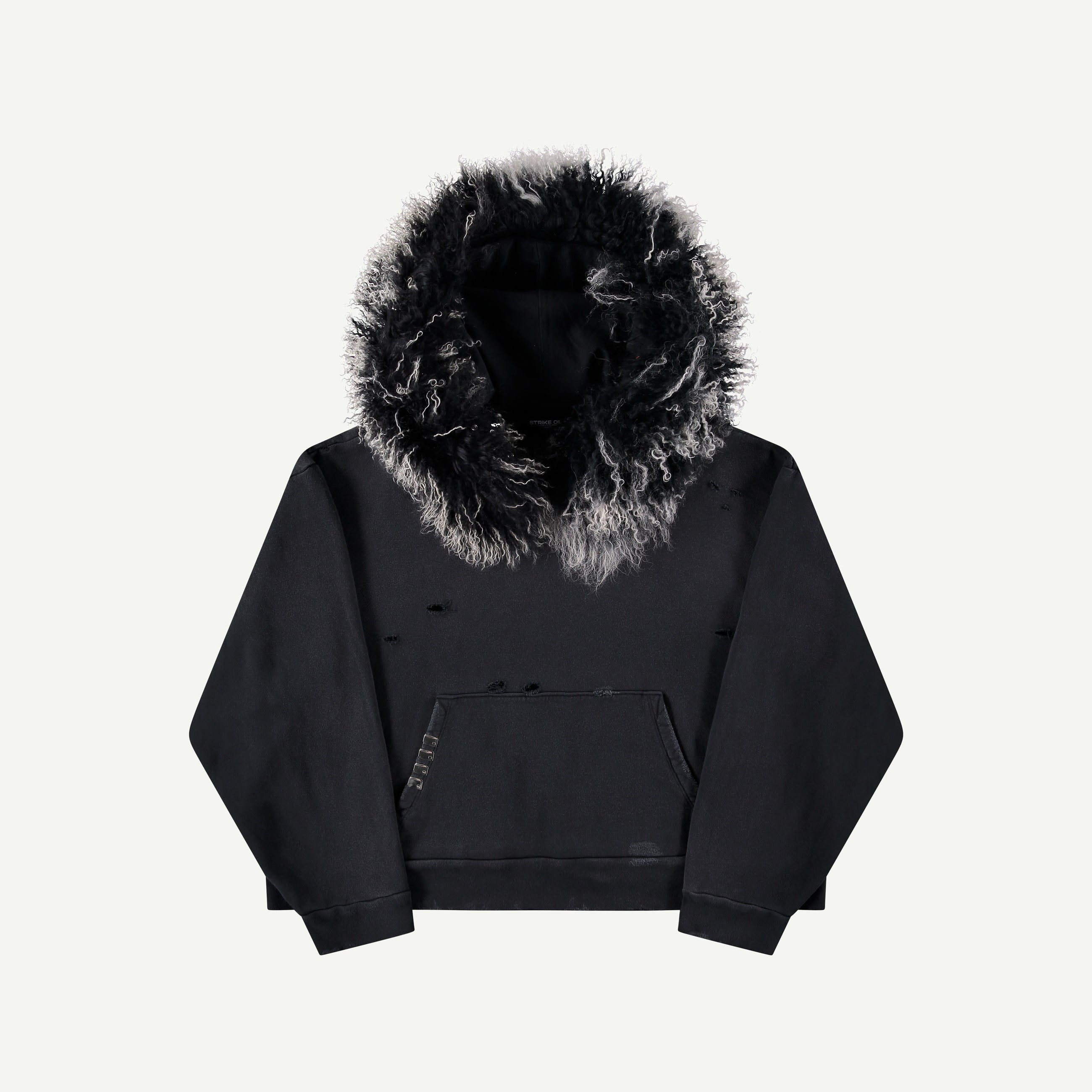 THRASHED SWEATSHIRT WITH LAMB FUR TRIM IN BLACK