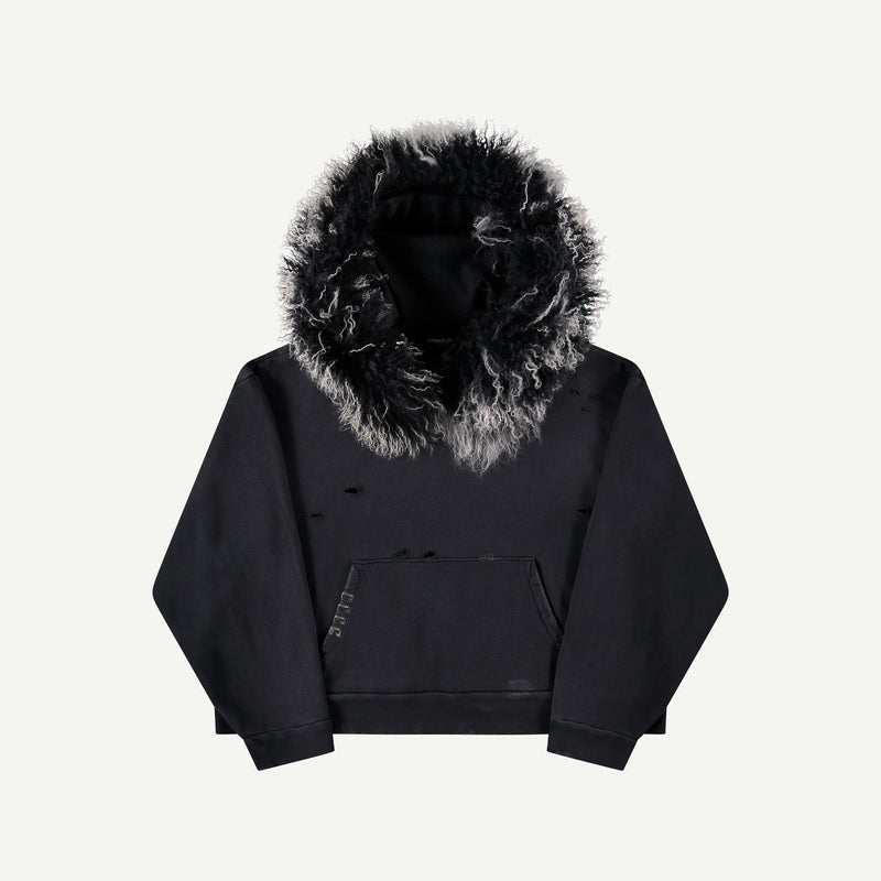 THRASHED SWEATSHIRT WITH LAMB FUR TRIM IN BLACK