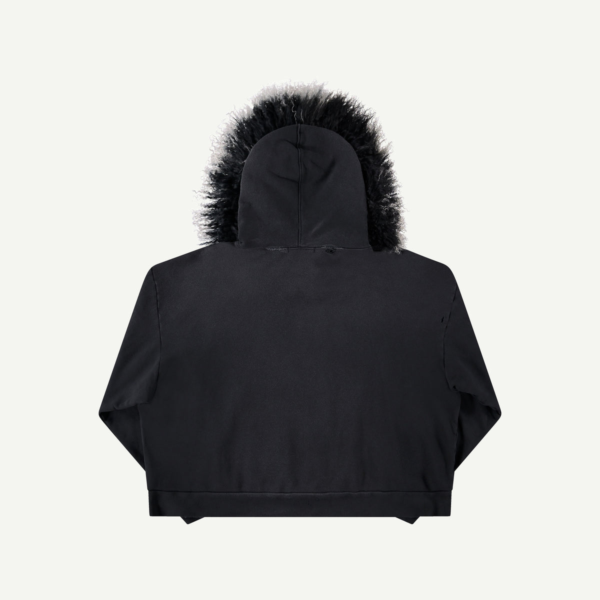 THRASHED SWEATSHIRT WITH LAMB FUR TRIM IN BLACK