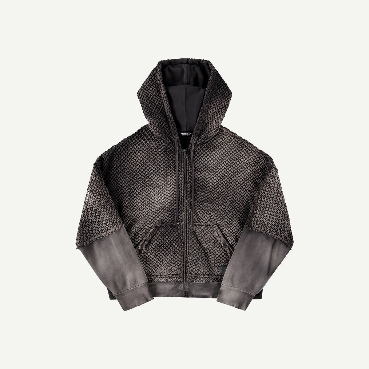 DOUBLE SLEEVE NET ZIP HOODIE IN BLACK
