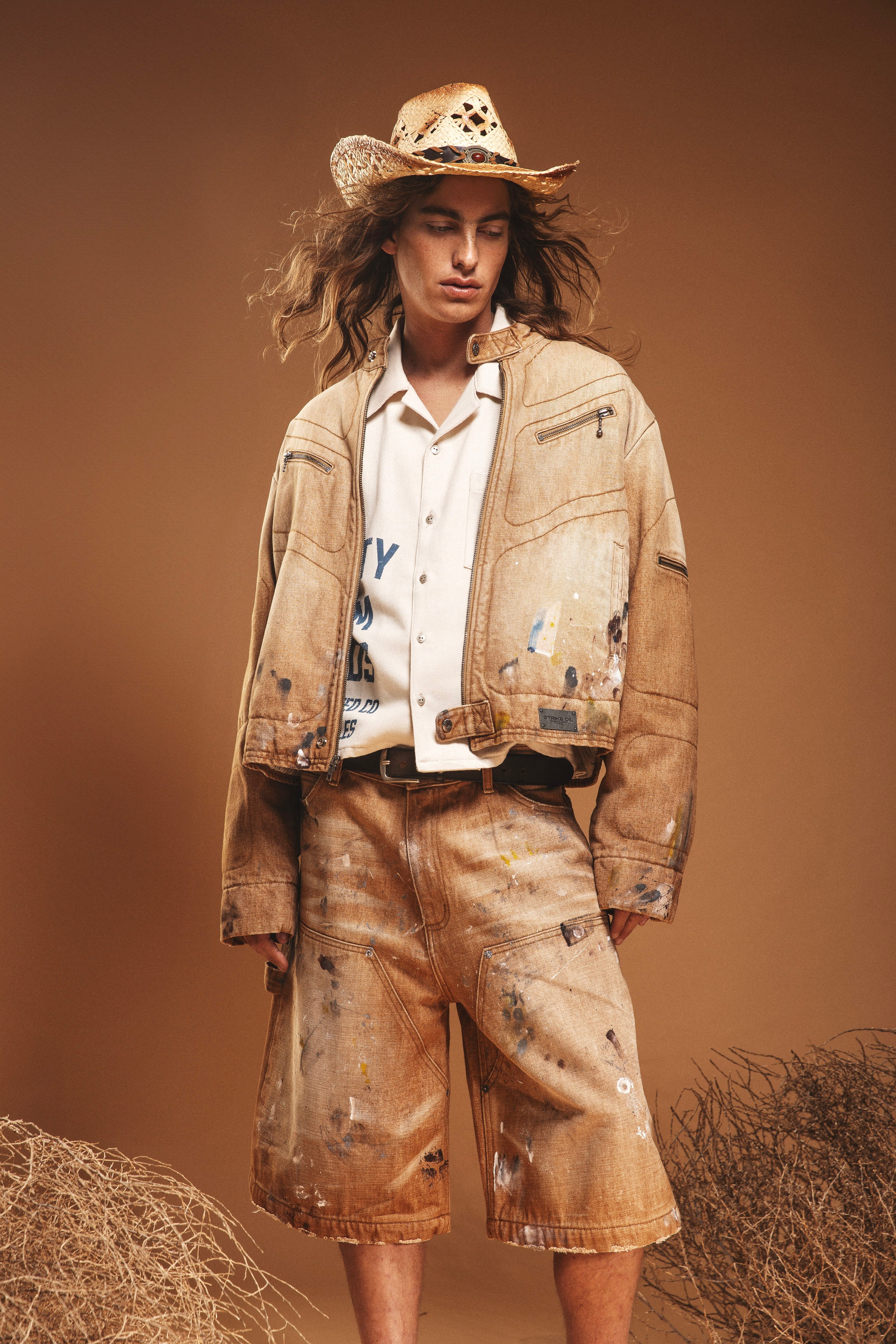 BROWN PAINTED MOTO JACKET