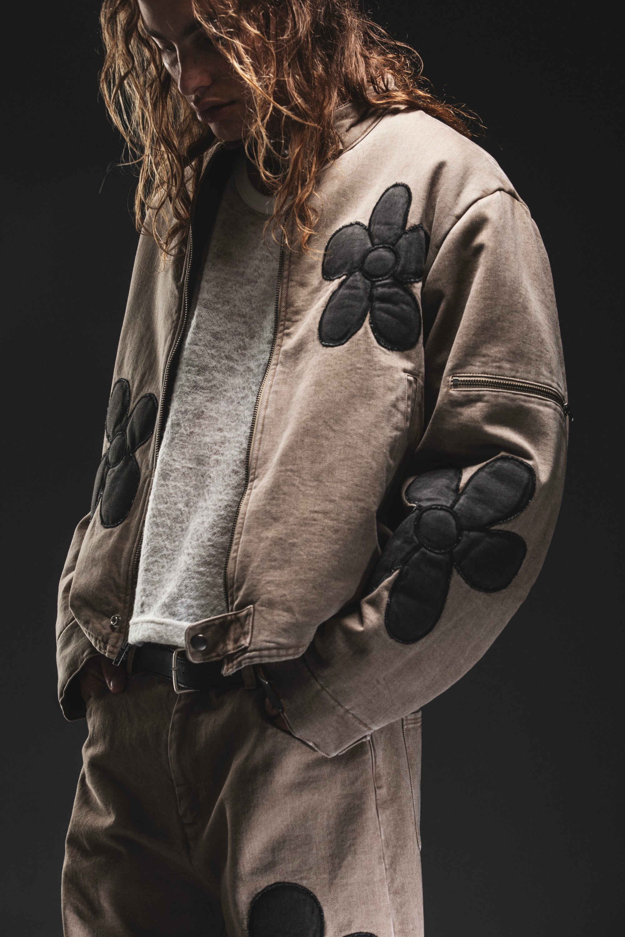 BEIGE FLOWER PUFFER JACKET