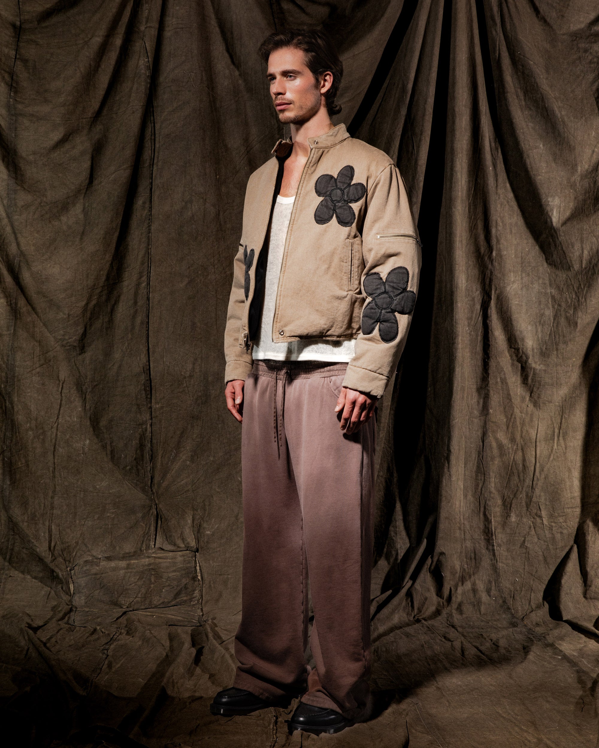 BEIGE FLOWER PUFFER JACKET